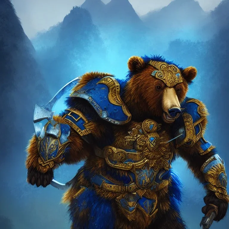 An angry bear warrior in blue and gold armor, background of Inka jungle, high detail, smooth, realistic, digital illustration, Artstation, artgerm,