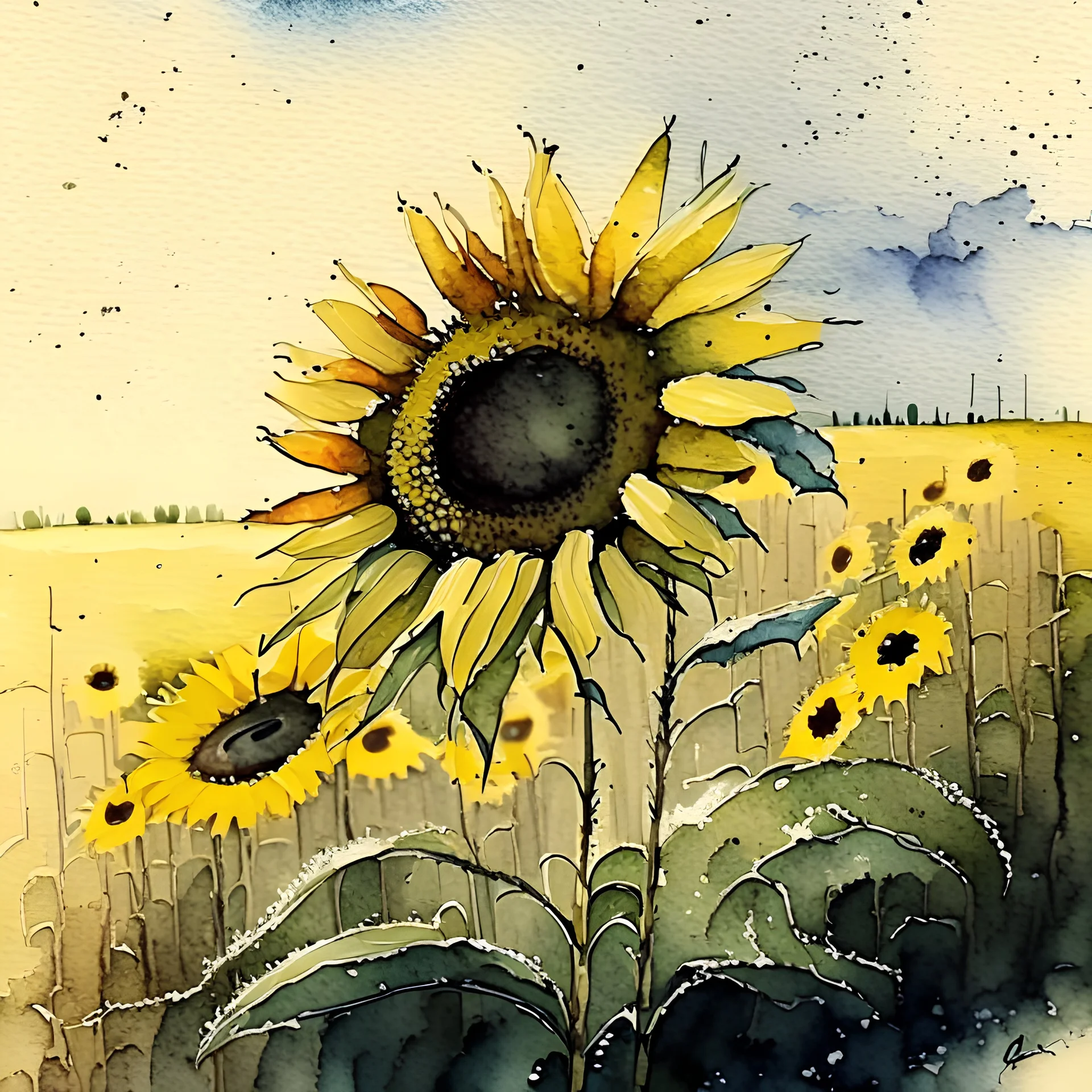 one small daisy in a field of sunflowers, watercolor, sad