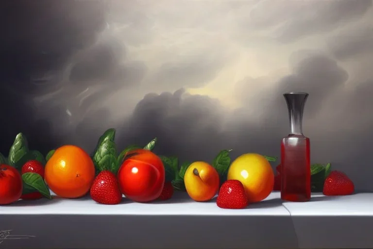 hyperrealistic oil painting, still life, white and oil slick, realistic shaded, perfect shapes, extremely fine details, volumetric lighting, stormy background, 8k ultra realistic, fruits