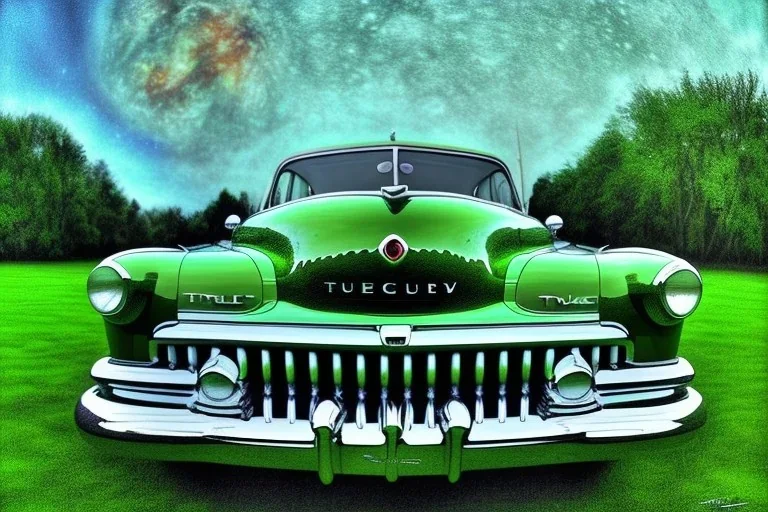 a true-to-life 1949 mercury eight, classic wheels, pen and color marker, centered, intricate, extreme detailed, photorealism, center view, drive-in background, pivot on mercury, painting by cheryl kelley