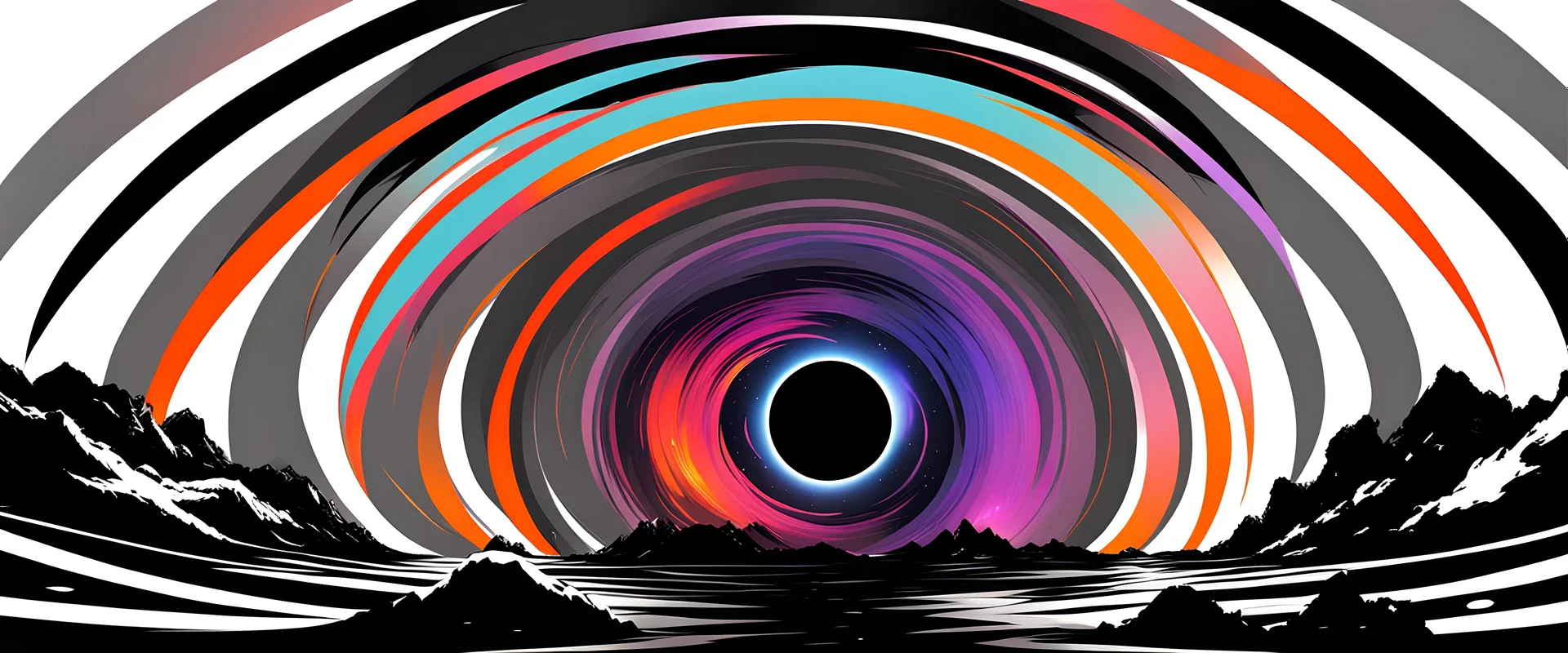 orbiting a black hole from a trillion miles away, peaceful, colorful, dark, ominous, beautiful abyss,