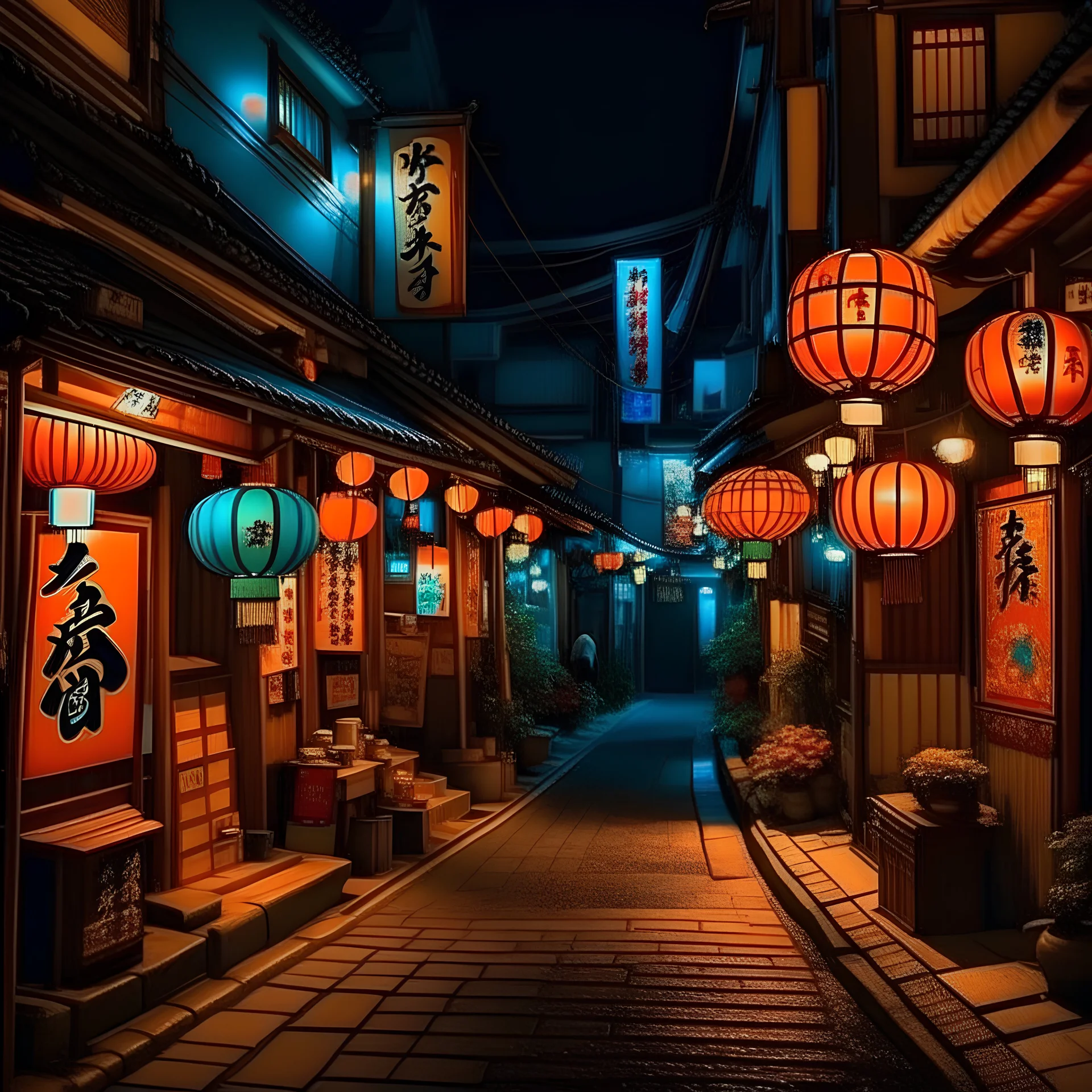 Tawaraya Sotatsu, japanese traditional art, japanes village street, neon lights, ramen bar, lanterns, shop signs, night time, beautiful scenery