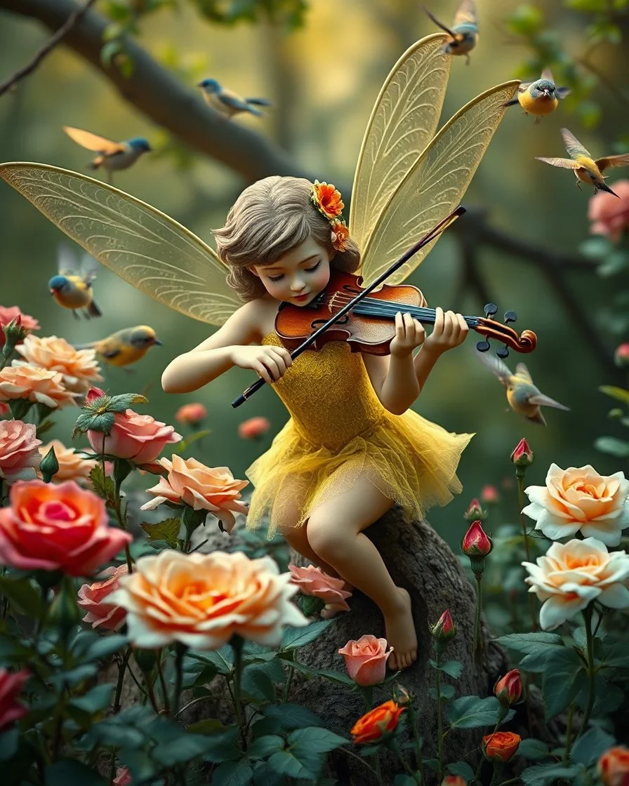 Gorgeous Photography Beautiful Tinkerbell playing violinist in Wild garden,flower,birds surrounding,fractal ornamentation, over detailed, gloriously full and confusing, nothing that really exists, everything made up, fantasy world, sweet briar, photography graphic art, song birds, ochre rose,rose buds, dewy morning, forest of oaks