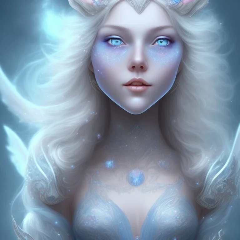 visage souriant, fée magicienne du nord, fantasy, bleu et rose grands yeux bleus, cheveux long blond