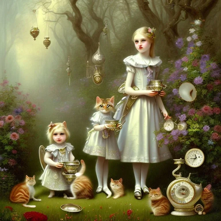 victorian painting of sad human alice child. very large eyes. drinking cup of tea. on mushroom. kittens playing in the rain and fog and haze. by lewis carroll