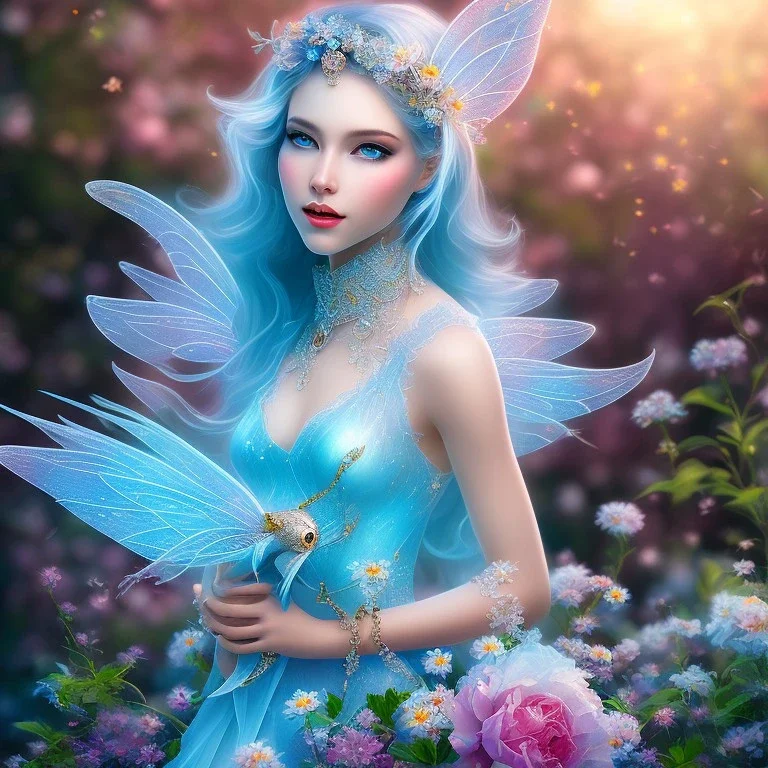 bright ice fairy, beautiful portrait, flowery landscape