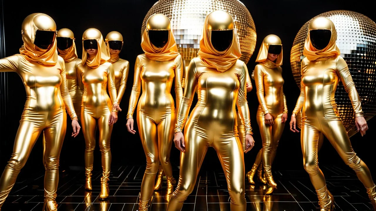 Hyperrealistisch dutzende Frauen völlig verhüllt von hermetischen golden glänzendem Ganzkörper-Zentai mit geschlossenem undurchsichtig verspiegeltem Visier in identischen goldfarbenen, geschlossenen Helmen tanzen ekstatisch auf einer schwarzen Tanzpiste unter einer Discokugel