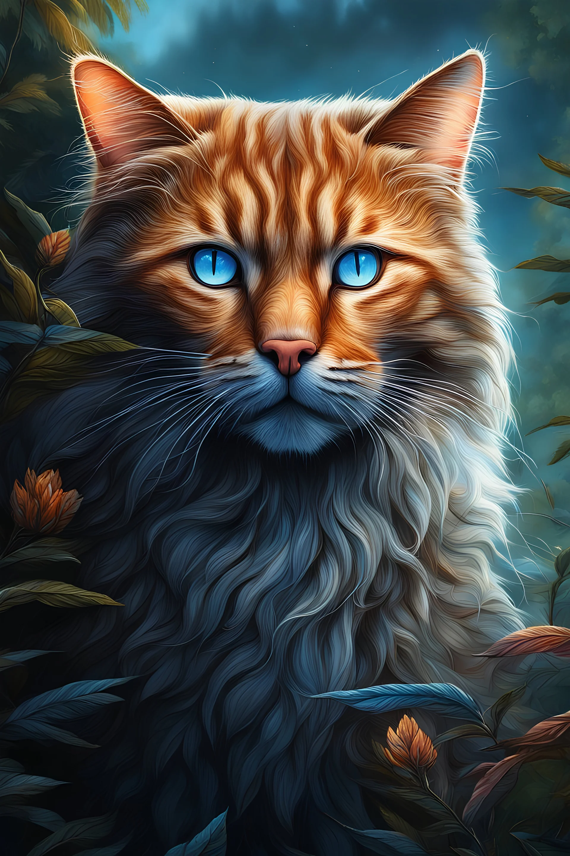 a great landscape in nature at sunset majestic cat | spiritual | Blue eyes | detailed | fine art | highly detailed | smooth | sharp focus | illustration | bathing in light | ultra realistic illustration