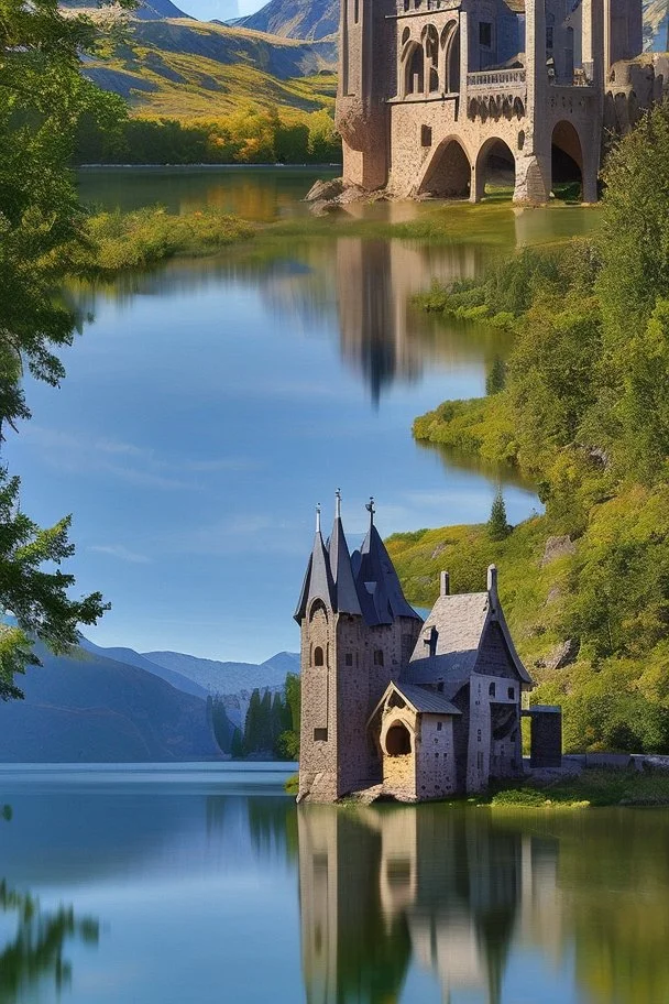 medieval gothic house built into a rock, lake, trees, arches, balconies, bridges, verandas, foliage, sunny blue sky