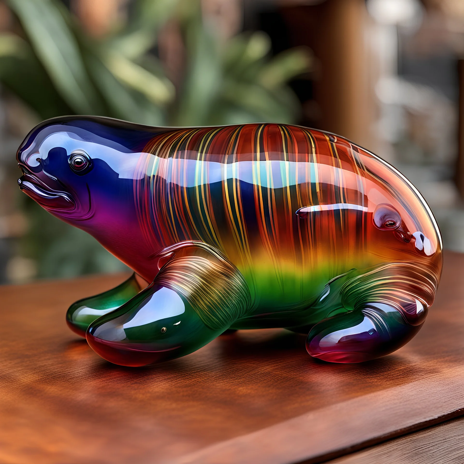 a blown glass manatee with rainbow-hued stripes, early 20th century Art Deco. Elegant and intricate detailing super realistic