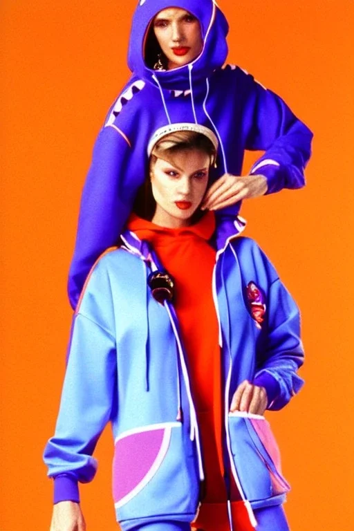 late 1990's women fashion.interesting hoodie with long tippet integrated to bolero -like attachement with pockets which goes up to a Hat with a visor, integrated to AKG-style headphones. Karjalainen kuvio, Karjala patterns. dress with strange cut. Colors: denim blue, blue, purple, khaki, "pastel light green", lilac, plum, orange, terracotta, red, pink, dark blue, beige. Women models. Starling pattern prints.Jennifer Lopez, Gwyneth Paltrow. intgrated bag. Big tennis shoes on. Cargo pants.