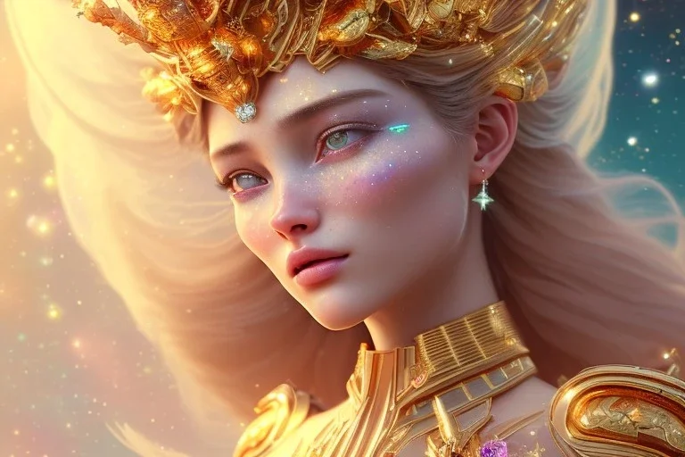 very beautiful cosmic crystal and gold goddess in a galactic ambiance, transparent petals, delicate colors, full of details, smooth, bright sunshine，soft light atmosphere, light effect，vaporwave colorful, concept art, smooth, extremely sharp detail, finely tuned detail, ultra high definition, 8 k, unreal engine 5, ultra sharp focus