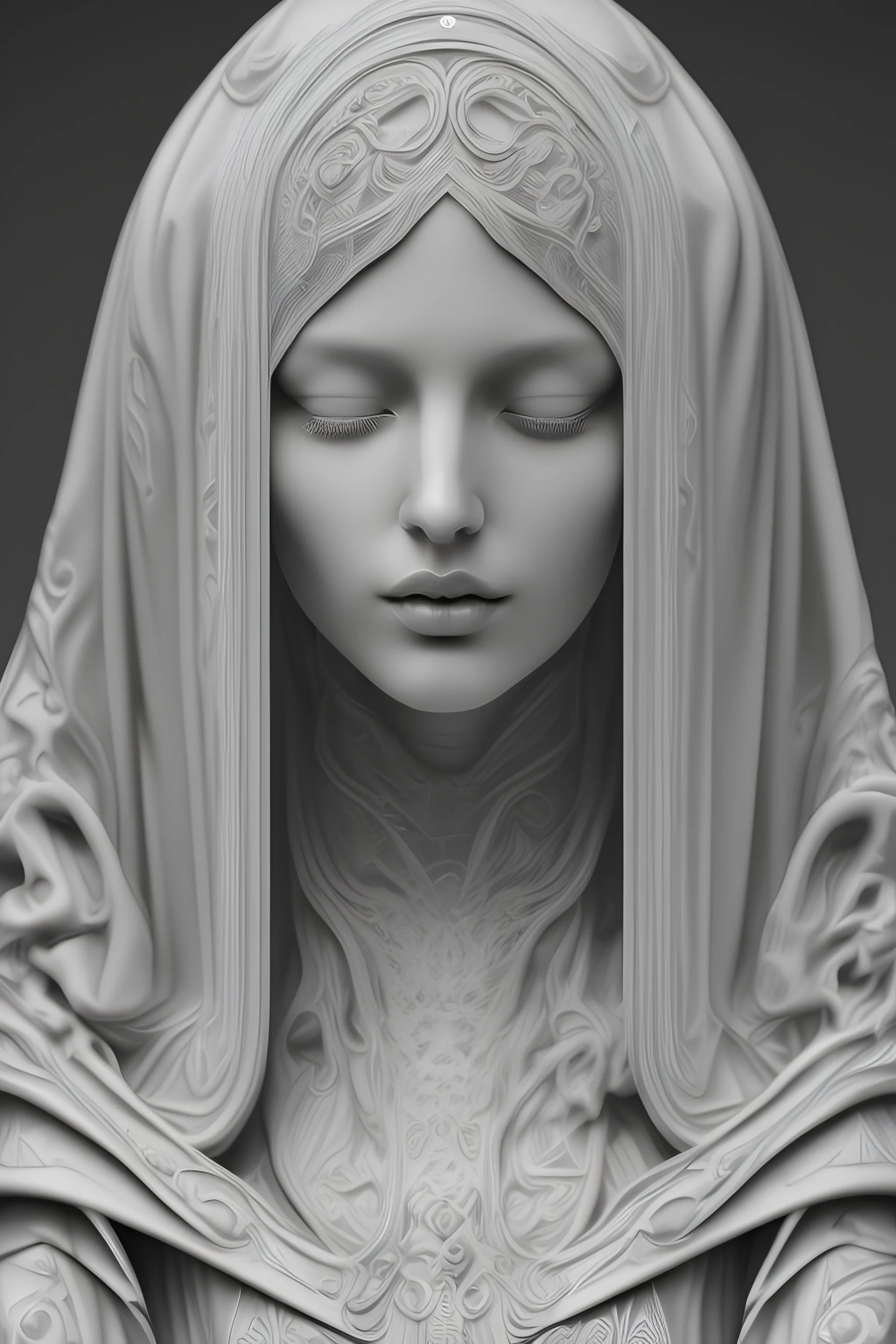 White marble, Female, Nun, Sculpture, beautiful, full of details, high definition, black backround, 8k, Golden Iris, full body