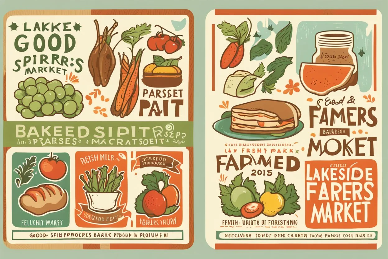 Stickers for a lakeside farmers' market "Good Spirit Market" in a national parks sticker style, featuring illustrations of baked goods and fresh produce