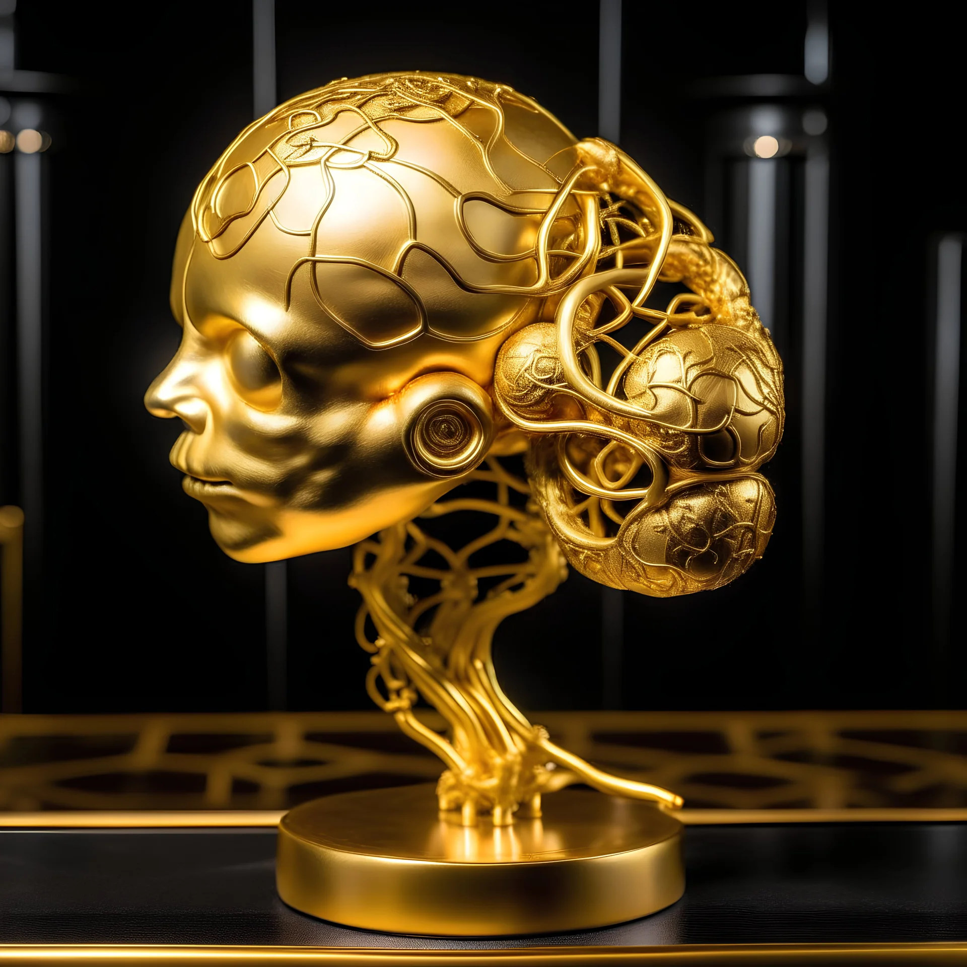 a surreal and symbolic sculpture inspired by the minimalistic elements found in the works of artists known for deep psychological exploration and dream-like imagery. The sculpture features a huge golden brain, supported by small, beautifully detailed human bodies, intertwined with complex surgical instruments. In the midst of this, a newborn boy is positioned between light and shadow, creating a dramatic contrast. The background is pitch black, enhancing the surreal, dream-like quality