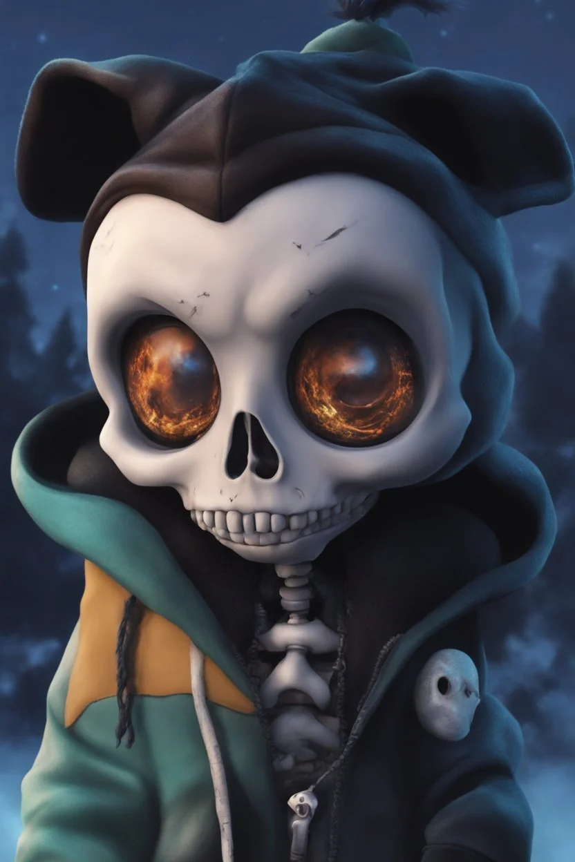 a cute animation boy, skateboarding , trendy hoody, 8 k, tim Burton skeleton style from the movie "night before Xmas", realistic animation, gothic