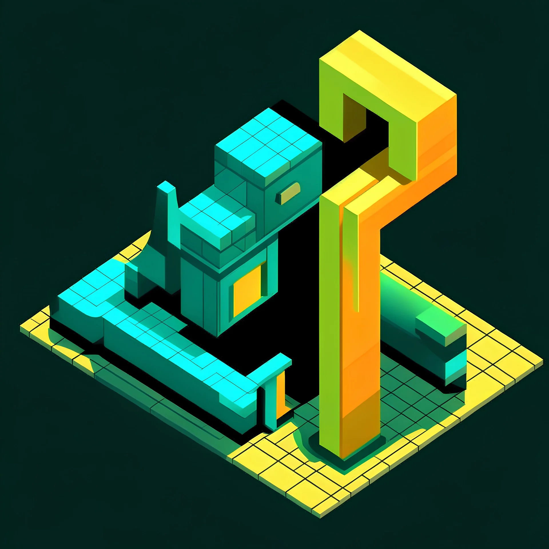 create a alphabetical latter "A" into cartoonist style model isometric top view for mobile colors render style library style DARK