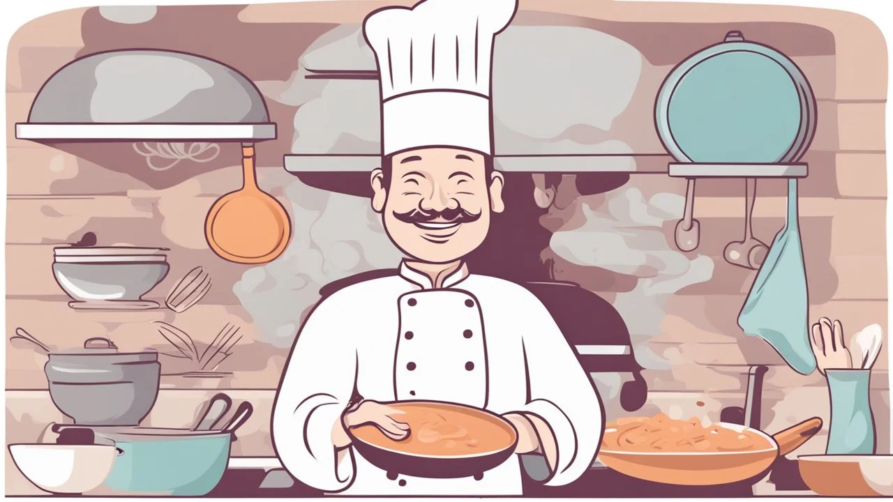 illustration. chef smiles bring whisk on his hand