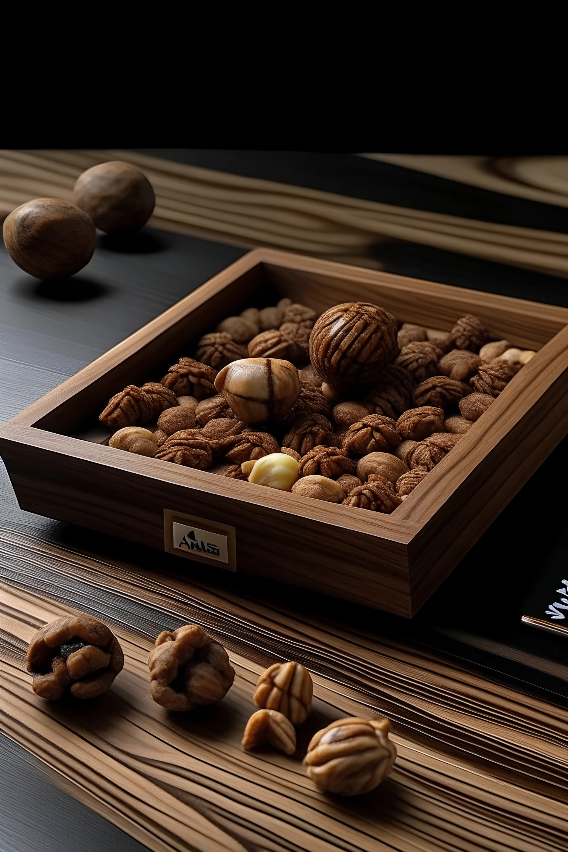 It is located on a wooden table with pieces of walnut around it