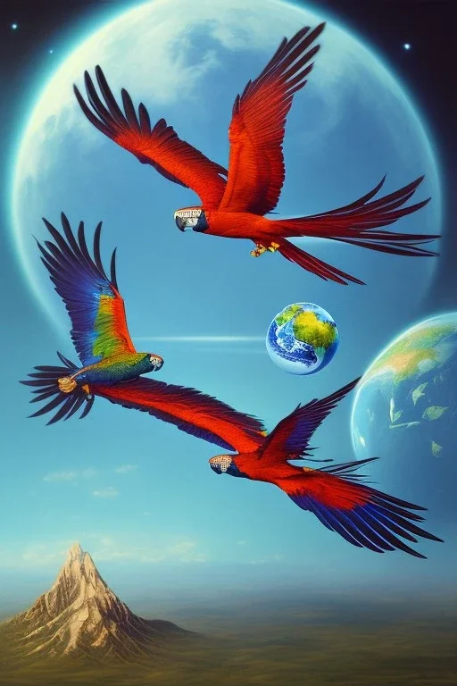 Macaw is flying in the space and is holding the earth in his claws. Surrealism.