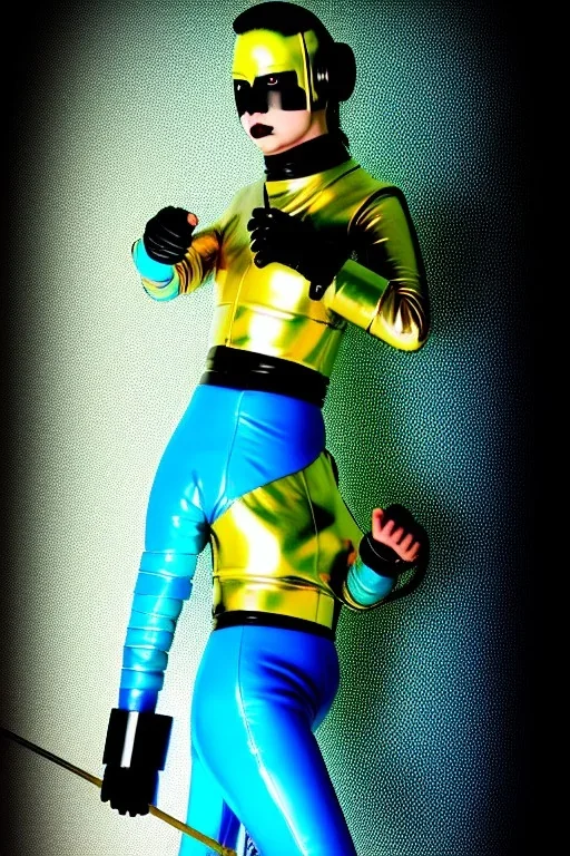 Cyan photograph Cyber-punk woman, steel mask, old AKG-style big headphones, golden rings & disc. Fencing mask. Speakers. Kill Bill, steel sword, Hattori Hanso. Thick tights, thick calves, arched fell, wide hip. Old camera lenses, ancient artifact attached, perfect body. Electronic circuits, device, laser. 5-dimensional Escher tiling background. Daft Punk, Tron Movie. Matrix movie clothes, tippet. Cyan latex. Wicked sneakers. 1990's, old telephone microphone as mouth. Minimalism fashion Futurism