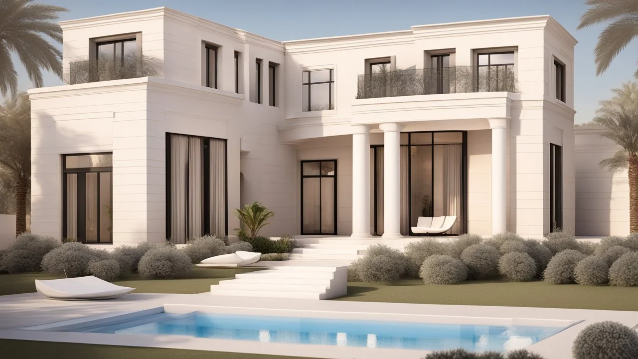 Description of a modern Emirati style villa: Located on a magnificent piece of land in the heart of the Emirates, our villa embodies the finesse of design and detailing that promises a luxurious residential experience. This two-story villa, with its elegant and contemporary spaces, stands out. The exterior walls of the villa are made of black and white stones, adding an elegant and luxurious touch to the design. This combination of black and white stones creates a beautiful contrast, highlight