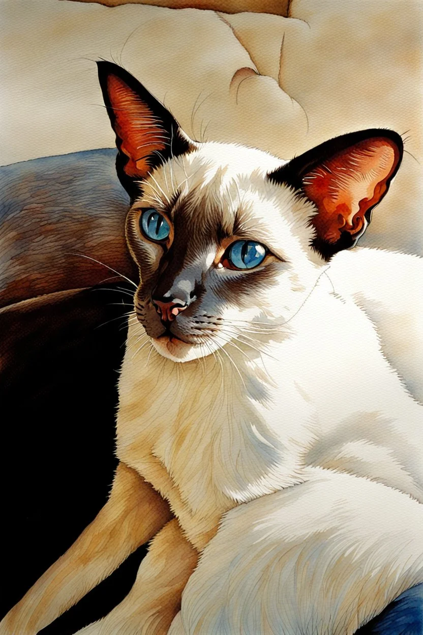 Steve Hanks watercolor,Siamese cat, blue eyes,chocolate point color, Syphnx cat