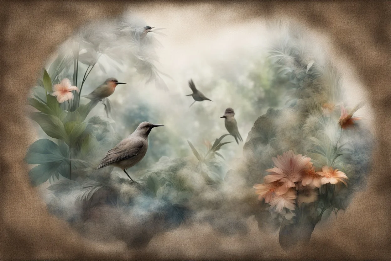 birds, blur 5%, flowers, double exposure, merged layers, in the first part (near to us) of the picture you can see a plain sandblown smoked glass, engraved with a folk art pattern, the glass is cracked in several places, in some places the glass is broken, crumpled burlap, through it you can see a tropical rainforest with a waterfall, mist, fog, sunrise, gemstones