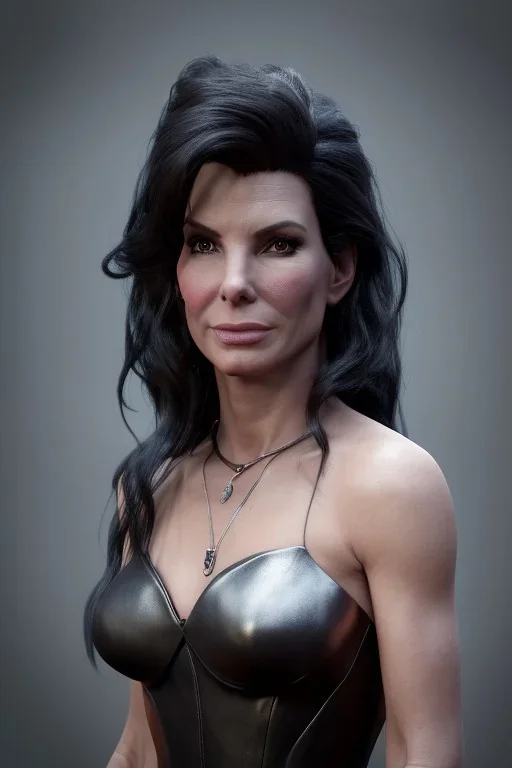 Sandra Bullock as evil queen in black leather gown, angry, busty, curvey, cleavage, unreal 5, octane render,cinema4d, dynamic lighting, dramatic lighting, 4k, redshift render, highly detailed, hyper realistic