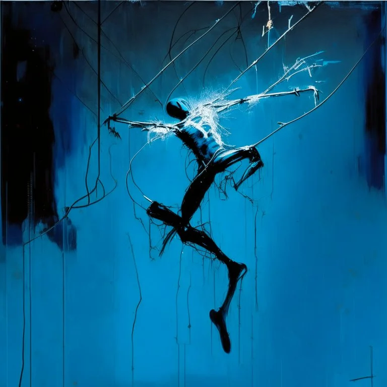 Minimal abstract oil painting of a falling person limbs sinew twisted . Background of bright blue with random words. hanging wires illuminated at night. In the style of Justin Mortimer and Phil Hale and Ashley Wood