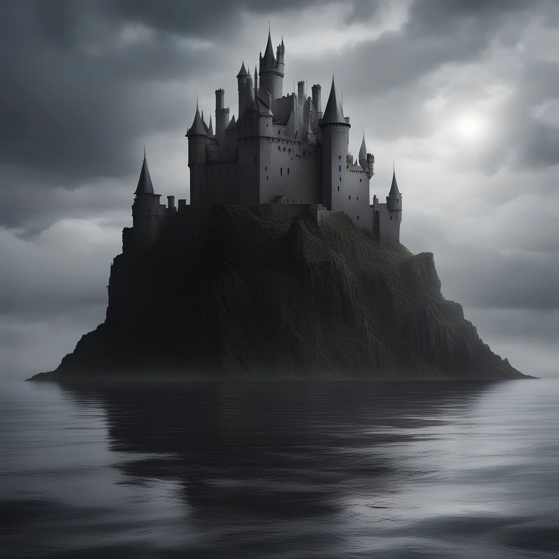 dark castle floating over silver sea, pennington