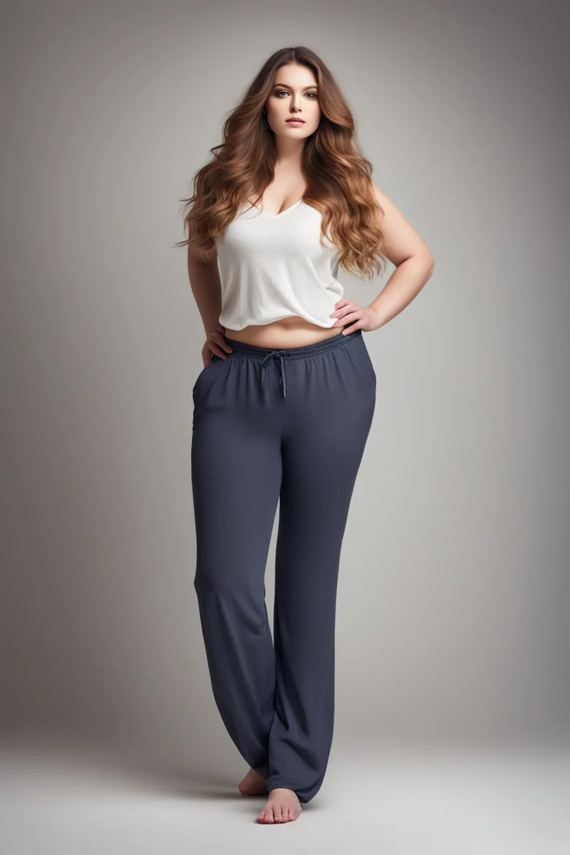 full-body-portrait-of-a-girl-curvy-with-flowing-hair,pretty pants and top, perfect face photo studio lights