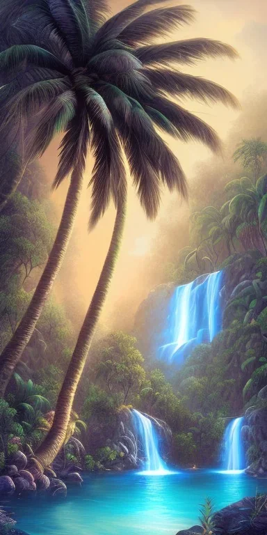 turquoise neon waterfall with palm trees sparkling at night in a cave detailed realistic glowing