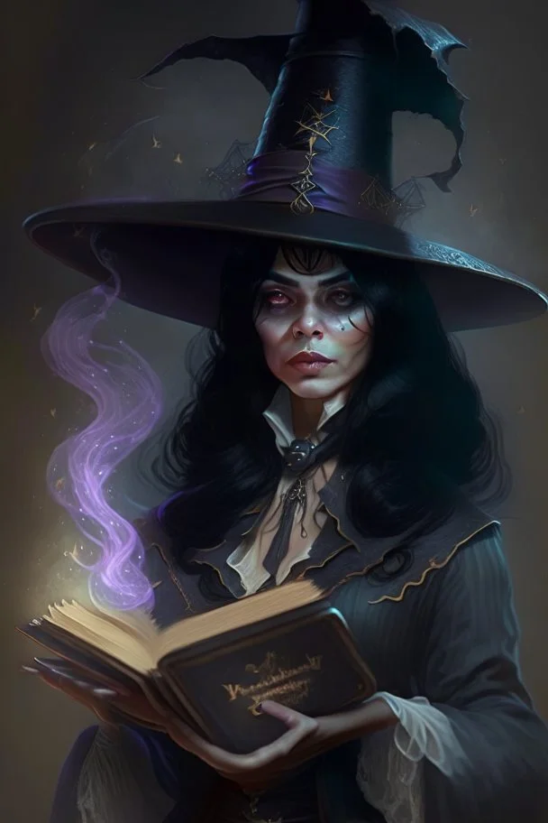 woman black hair middle aged magician with a spellbook big hat fantasy