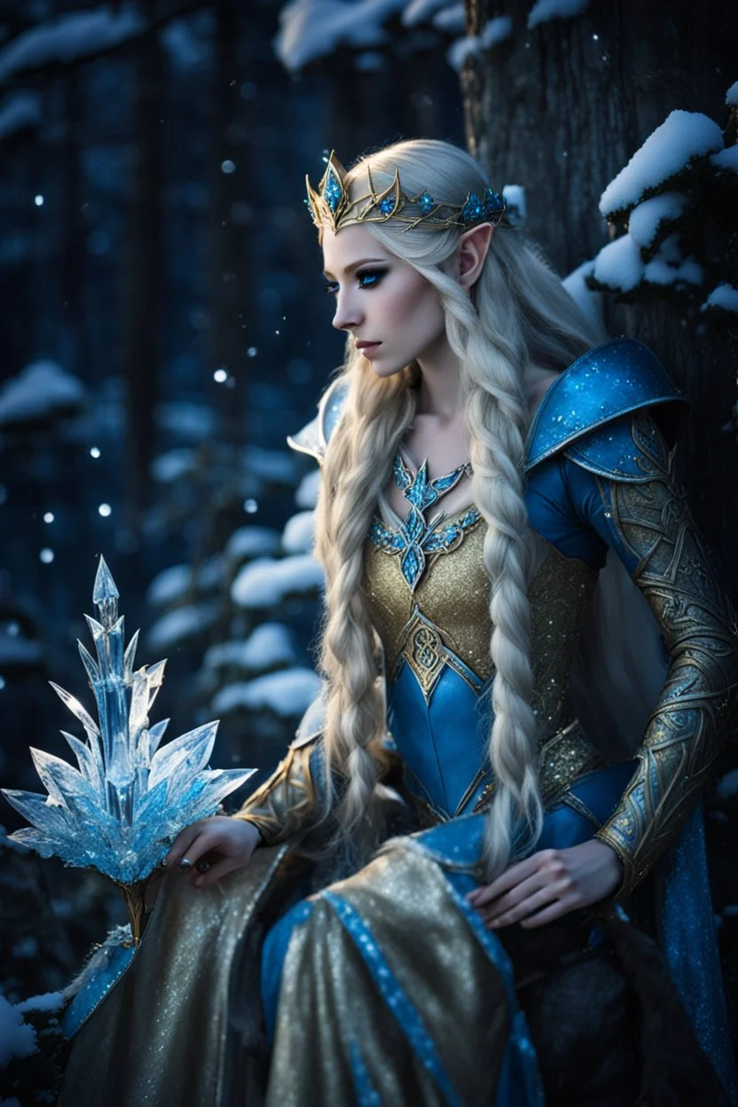 Elven princess,elven crown,long blonde golden hair,rapunzel hair,ice flowers,beautiful,light blue,dark blue,golden armor,sparkle,glitter,ice flowers,snow,elven ears,dark fairy princess