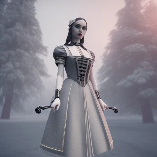 Full body, 3d render, Wednesday addams 1800's women style, 1800's hair style, 1800's women clothes style, hyper realistic, octane render, unreal engine 5, 8k, palace background, uhd