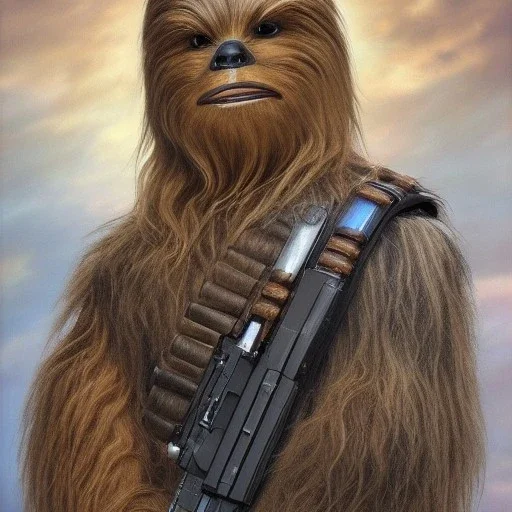 photorealistic and intricate portrait of chewbacca in star wars by robert bissell, wearing beskar armor, deep dark colors, hyperdetailed, 32K, oil on canvas,