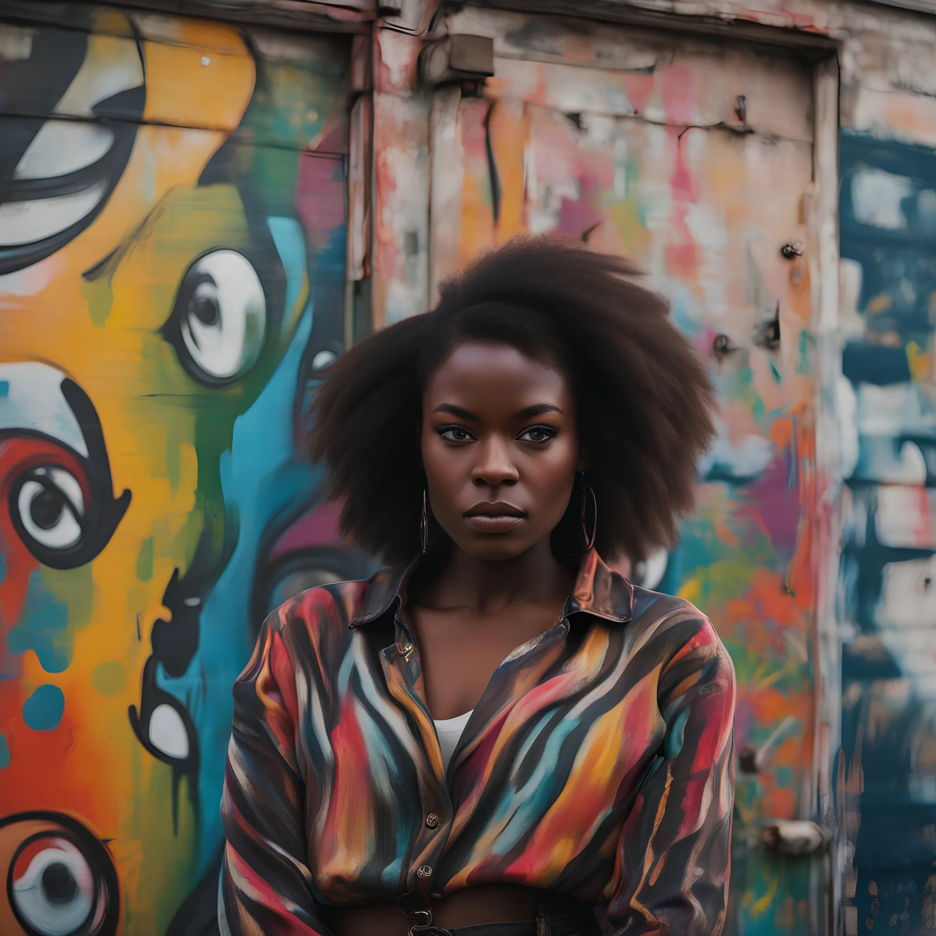 A portrait of a young black woman looking straight in a camera wearing a colourful tourban painted in large brush strokes by street art