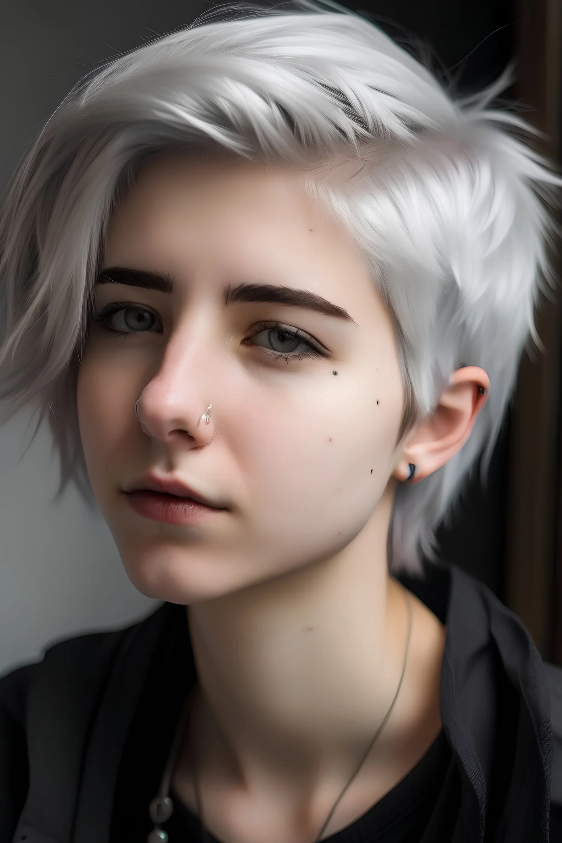 androgynous masculine teen with messy fluffy short silver hair and peircings