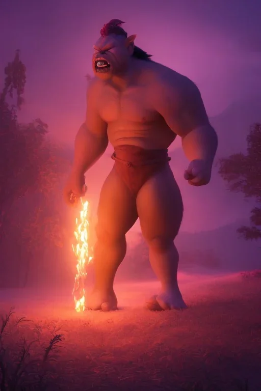 Full body photography of ethereal ANGRY ORC , Fire theme art, Dark moody night atmosphere, by Michelangelo, 8K, high body details, anatomically perfect body, oak tree roots, purple, red, armed with guns ,