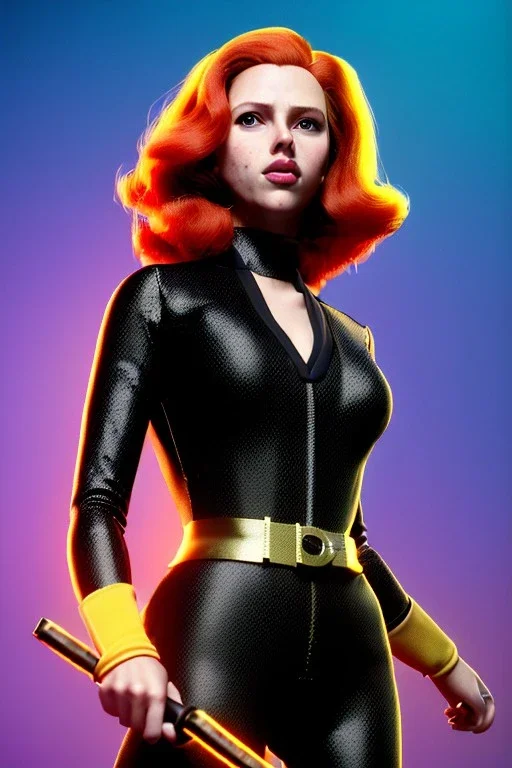 retro portrait image from 1960, explosion background, long red hair, young Scarlett Johansson, classic black tight lycra suit, metal stick weapon, gold bracelet and belt, high heel boots, soft color, highly detailed, unreal engine 5, ray tracing, RTX, lumen lighting, ultra detail, volumetric lighting, 3d, finely drawn, high definition, high resolution.