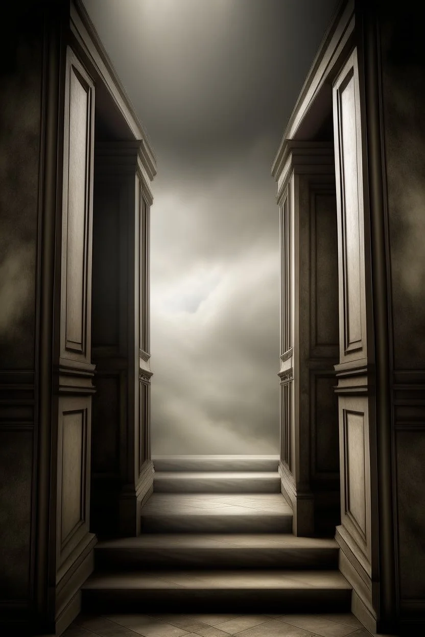 two doorways. behind first door glass glossy staircase made of clouds leads up to the heaven. behind second door staircase made of stone leads down to the hell