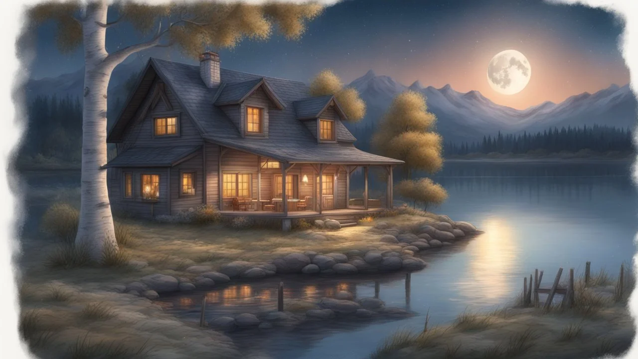 3d render, night sky, moon, stars, very beautiful village house by the lake, two white birches, highly detailed, bright rustic landscape, botanical realism,Watercolor plus pencil, a masterpiece of highly artistic and digital painting, a work of art, a lot of details, sharp focus, hyperdetailing, huge drawing along the contour with ink, hyperrealistic, thin lines, botanical art, bright colors, gently, Perfect reflexes, a game of shadows, beautiful, dark botanical Claudt Monet,Mqrtin