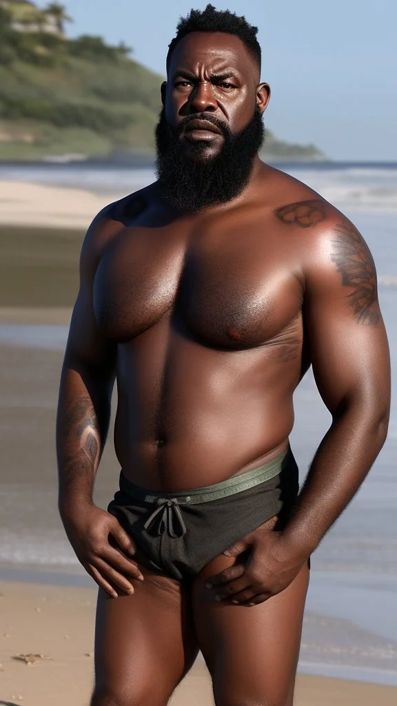 burly beefy nigerian fisherman sunbathing in mini pants, tattoo, bulge, manly chest, ugly, 61 years old, bullneck, goatee, long hairs, angry eyes, photorealistic, Canon EOS, 8k , on the beach