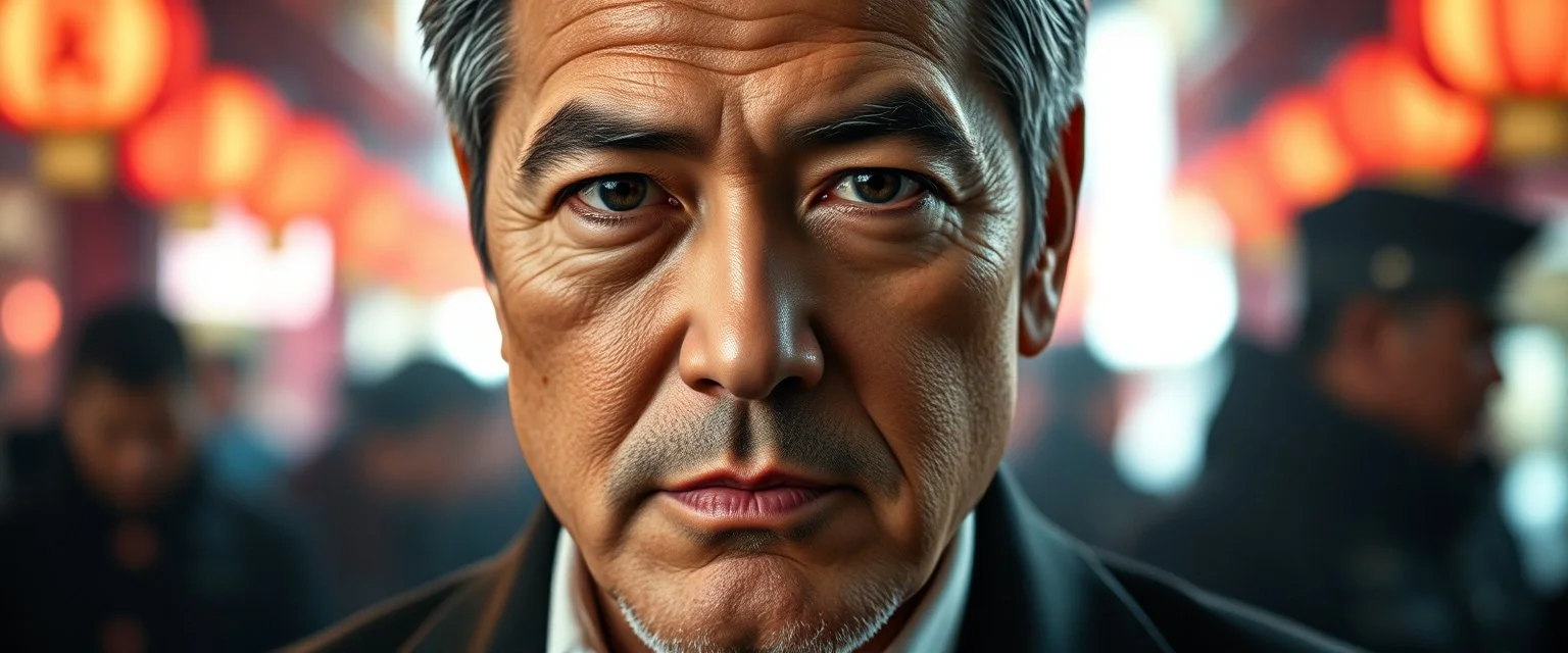 chinese george clooney, close up portrait looking intense