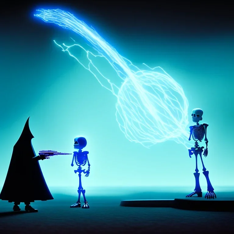 The Grim Reaper and the Skeleton in Tron world, discussing the future of the universe, art by Magritte and Pixar