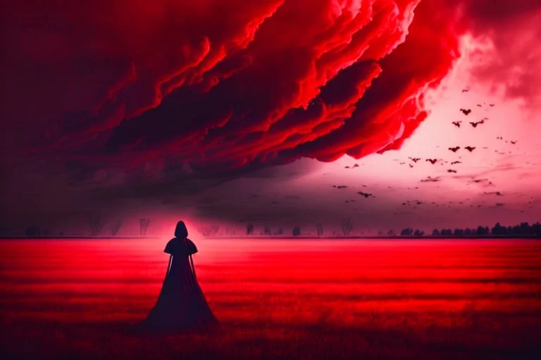 A dark sihlouette of a person floating among the beautiful haunting blood-red clouds