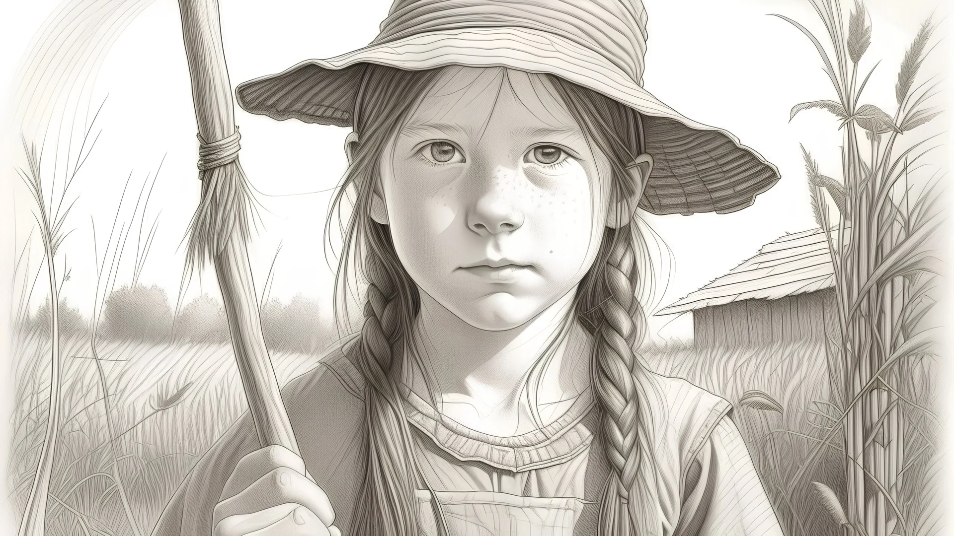 A pencil portrait of a rural girl wiht a hoe