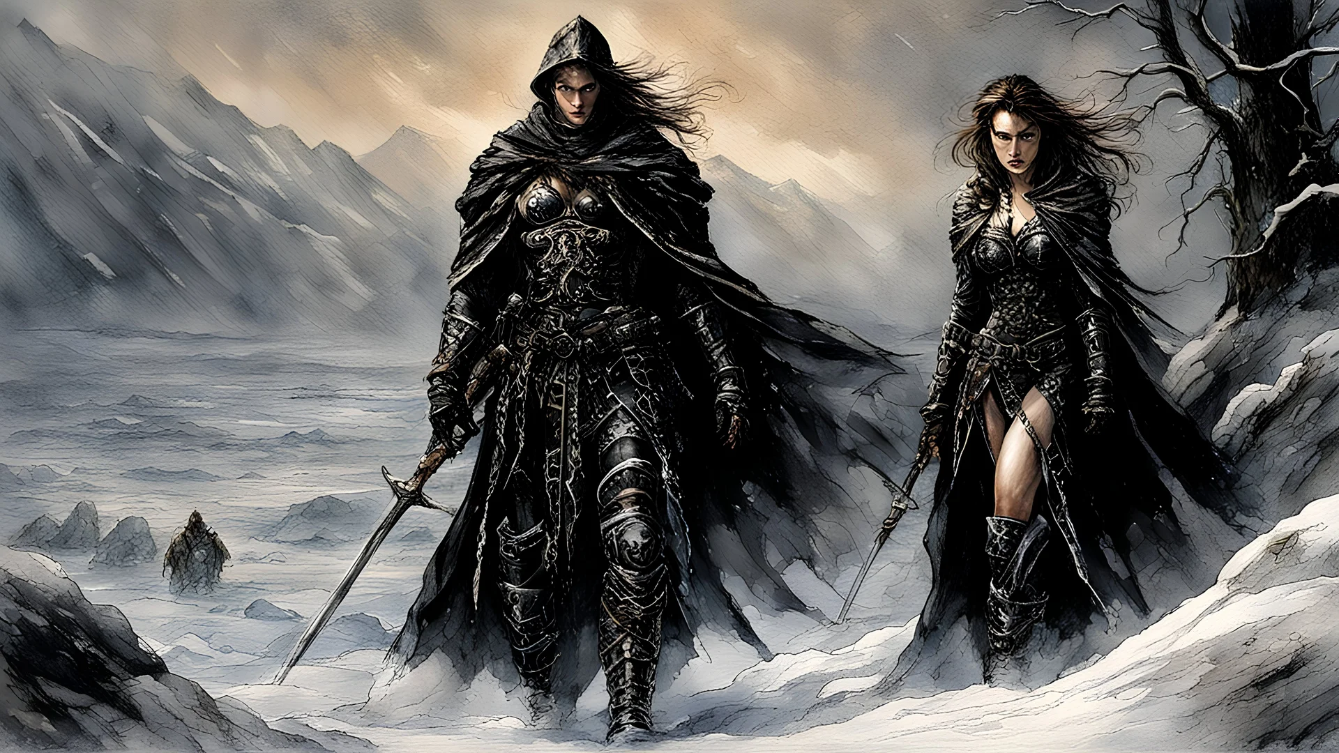 Hyper-photorealistic watercolor art style by Luis Royo , a warrior woman in black armor on the background of a cold snow-covered country, ice and crystal, frost and snow, hyperdetailed face, full body diagonal shot, encounters male bandits in dark fantasy countryside setting, absence of mysterious elements, dramatic lighting, ultrafine detail, octane rendering., by