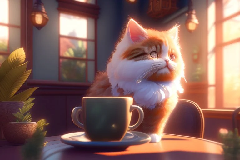 cute fluffy cat in a coffeehouse in sunshine Weight:1 detailed matte painting, deep color, fantastical, intricate detail, splash screen, complementary colors, fantasy concept art, 8k resolution trending on Artstation Unreal Engine 5 Weight:0.9